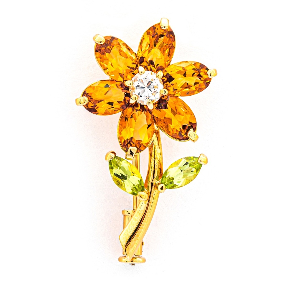 AIG Certified 5.20ct Natural Citrine Peridot Zirconia Floral Brooch - 18K Gold